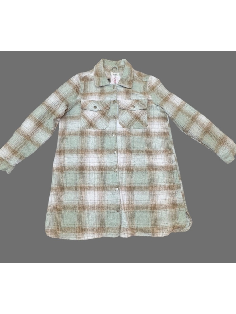 NWT Umgee Plaid Fringe Shacket Womens M Mint Green Tan Snap Front Boho
